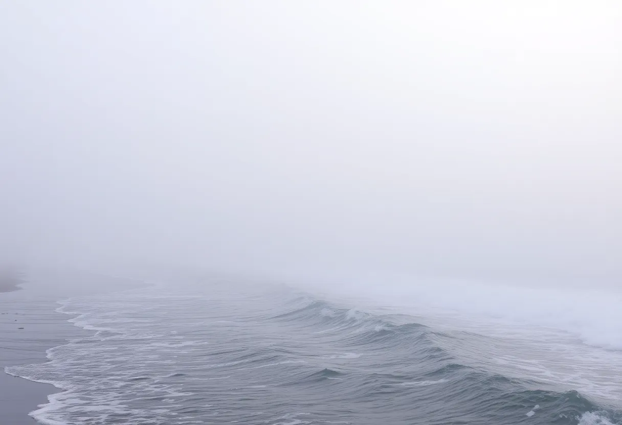 Thick fog rolling over the shoreline of Lake Michigan.