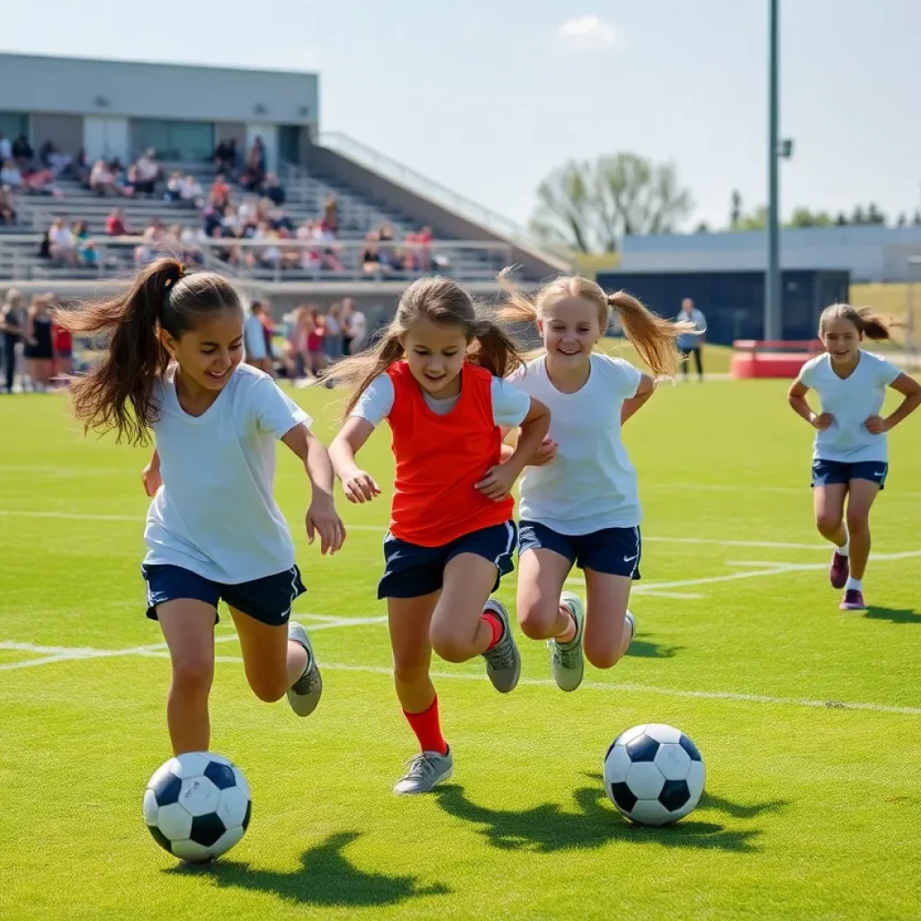 Young girls playing flag football in Michigan.
