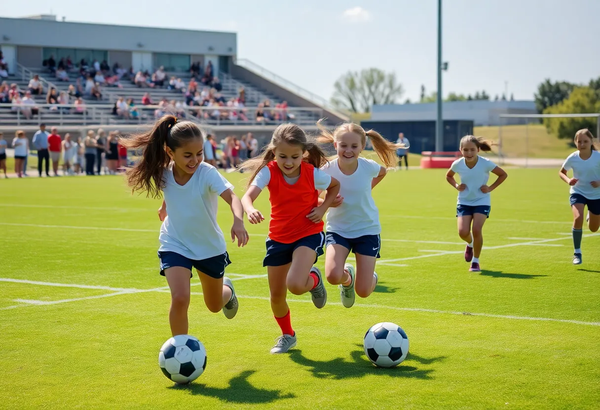 Young girls playing flag football in Michigan.