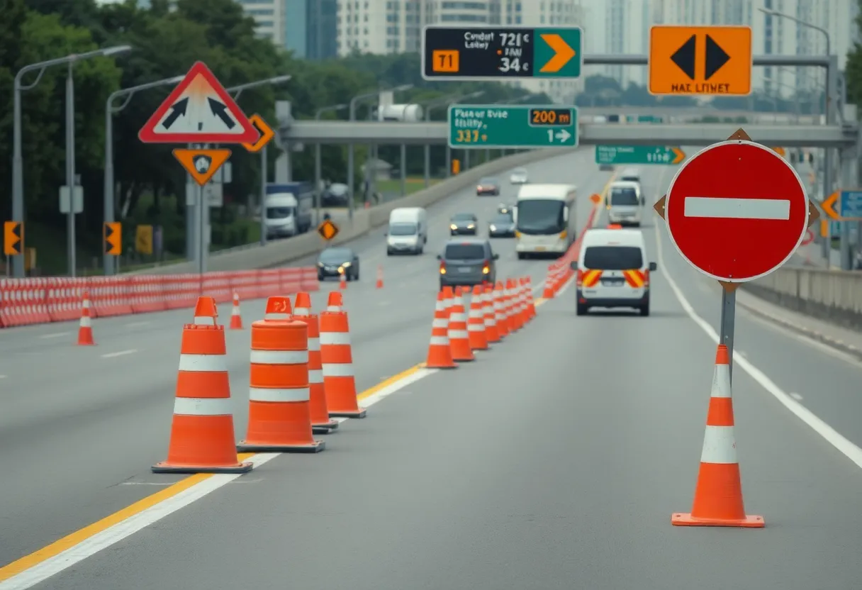 Construction zone on I-696 with traffic cones and detour signs