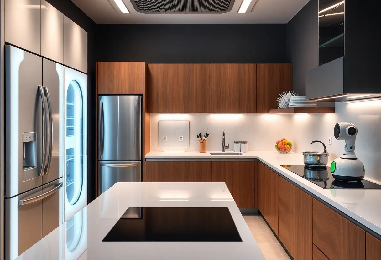A modern kitchen with the latest appliances including smart refrigerators and induction cooktops