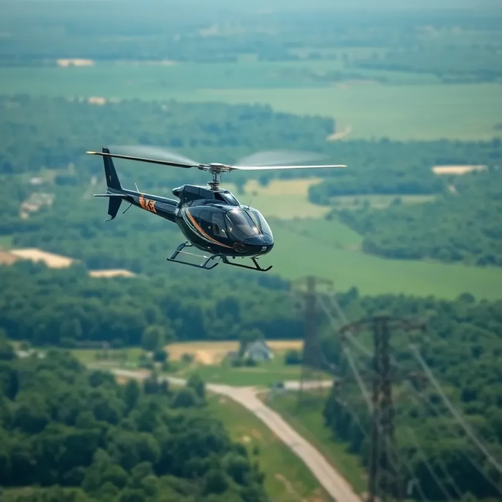 Helicopter conducting aerial inspections over Michigan's transmission lines
