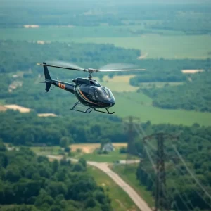 Helicopter conducting aerial inspections over Michigan's transmission lines