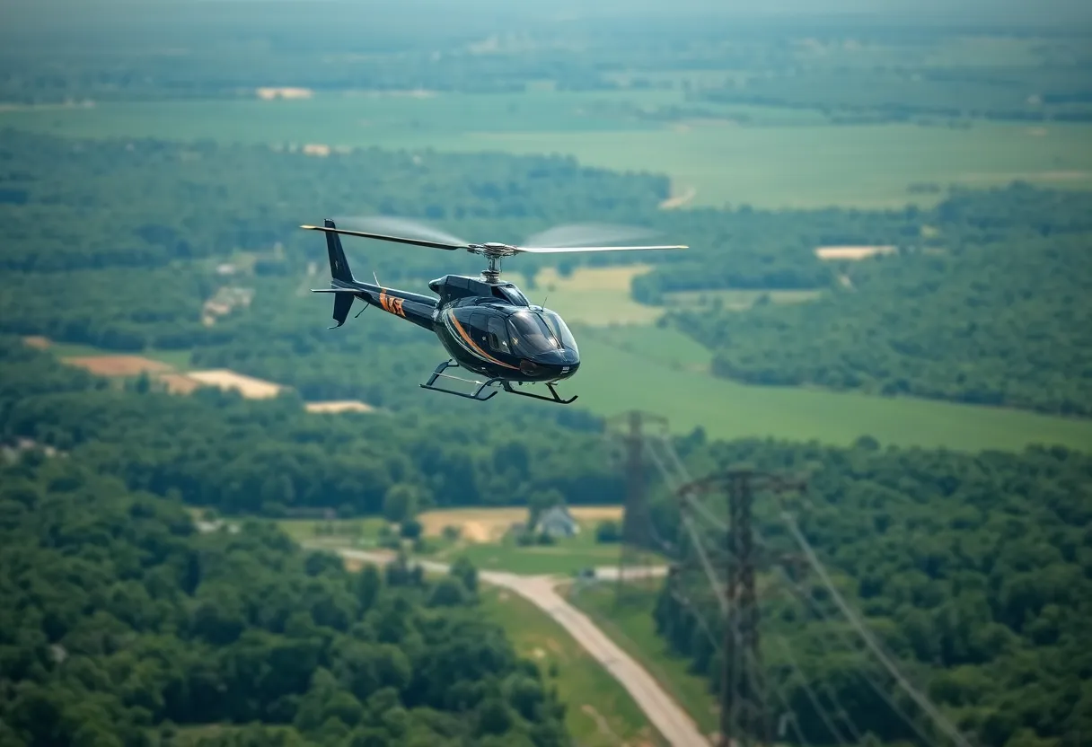 Helicopter conducting aerial inspections over Michigan's transmission lines