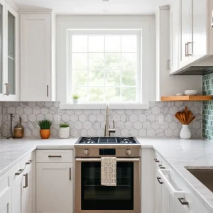 Different styles of kitchen backsplashes including subway tiles and marble hexagons