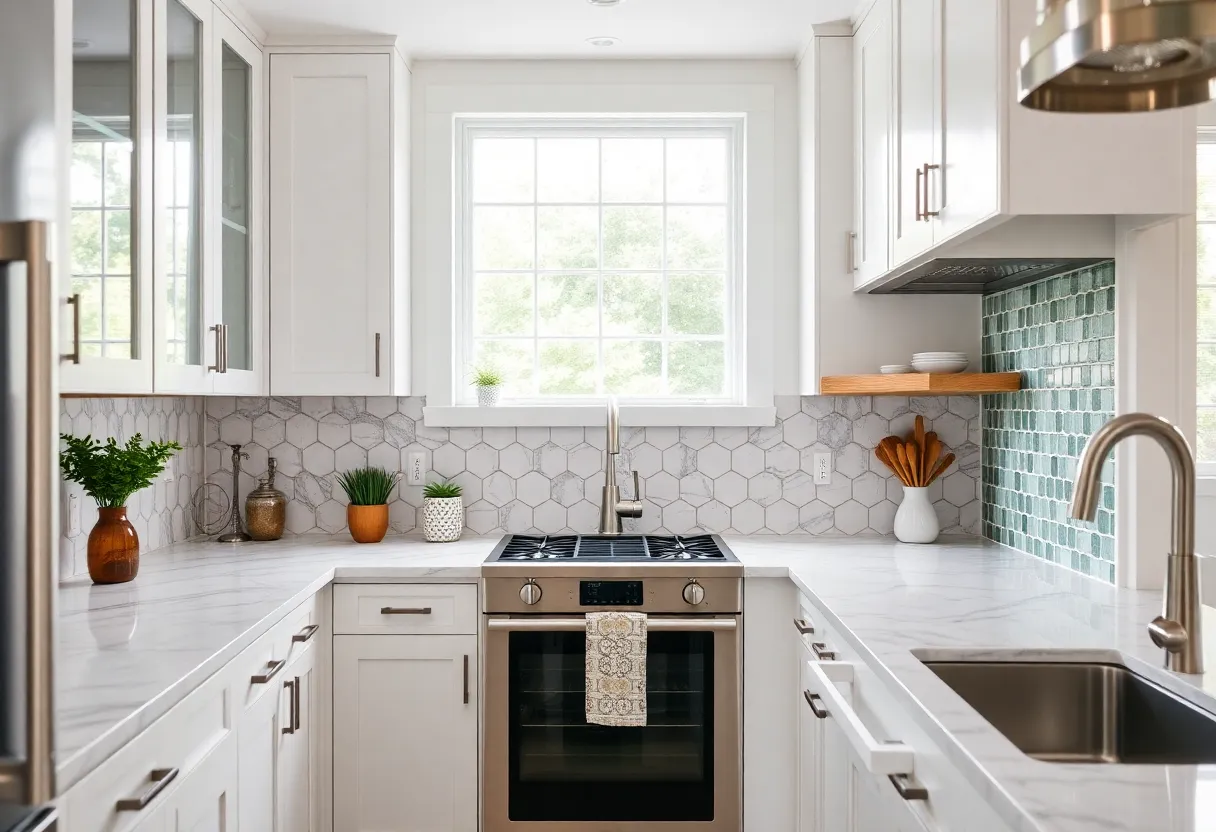 Different styles of kitchen backsplashes including subway tiles and marble hexagons