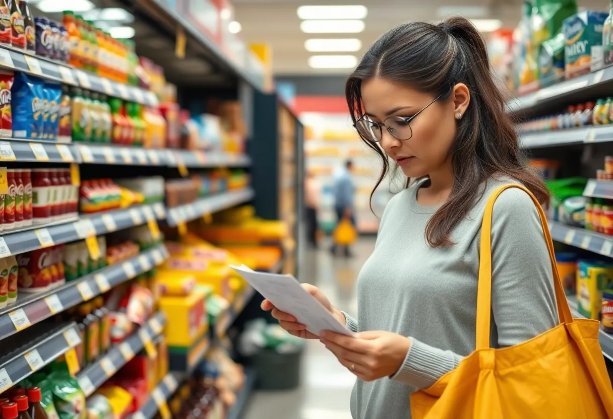 A shopper in a grocery store comparing prices to a receipt