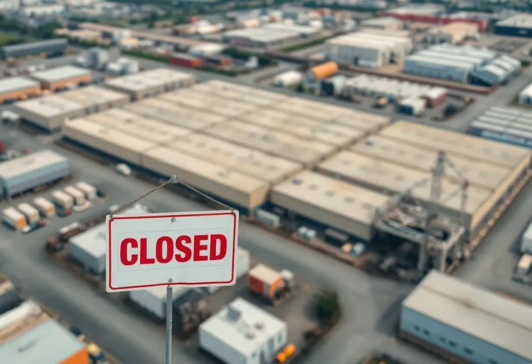 Image of a closed manufacturing facility with a sign indicating closure.