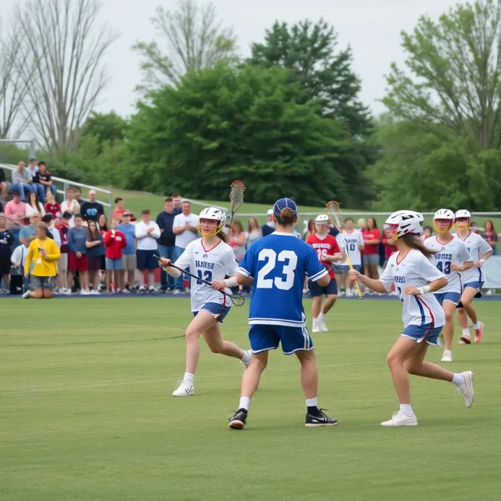 High school lacrosse players competing during a game