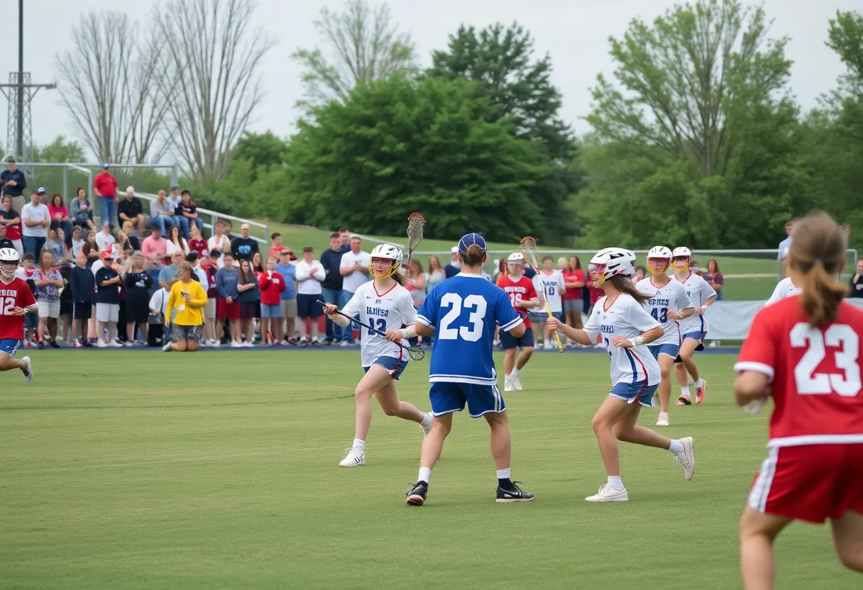 High school lacrosse players competing during a game