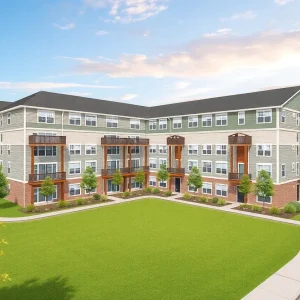Rendering of a two-story apartment complex in Lawrence, Kansas