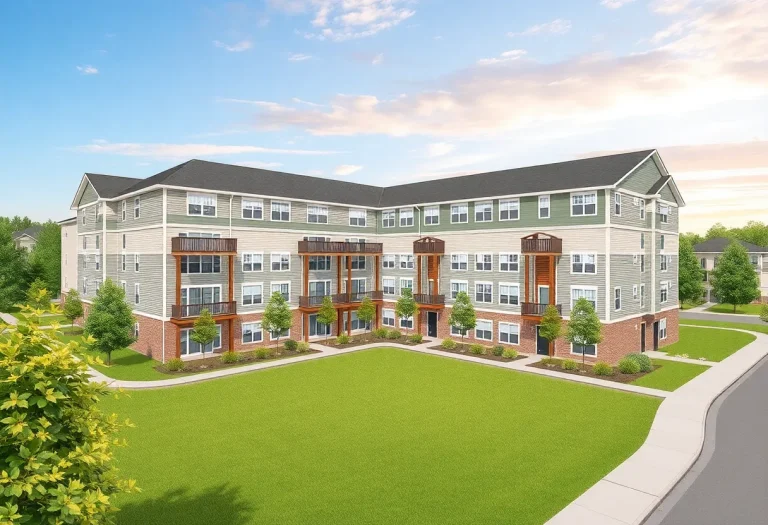 Rendering of a two-story apartment complex in Lawrence, Kansas