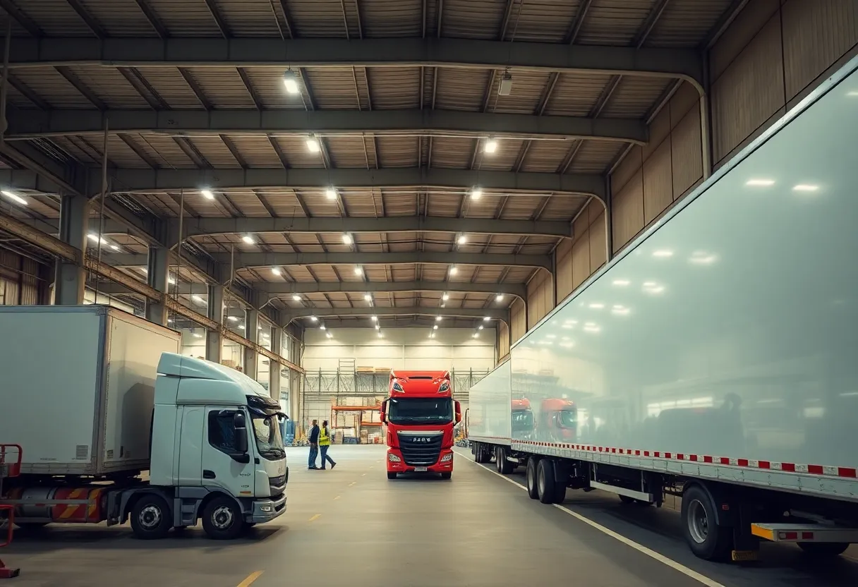 Cold storage facility with trucks and workers at Lineage Inc.