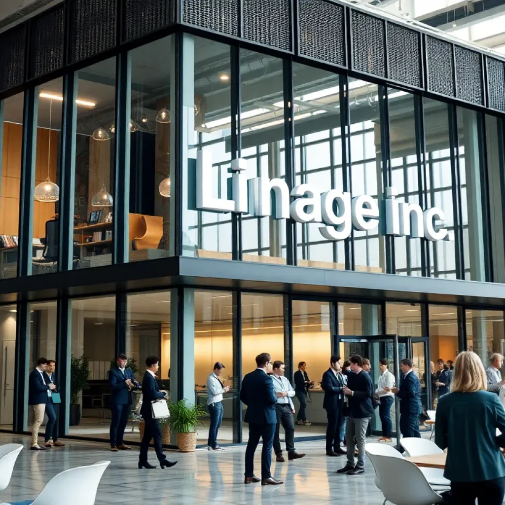 Exterior view of Lineage Inc office building with professionals engaging in conversation.