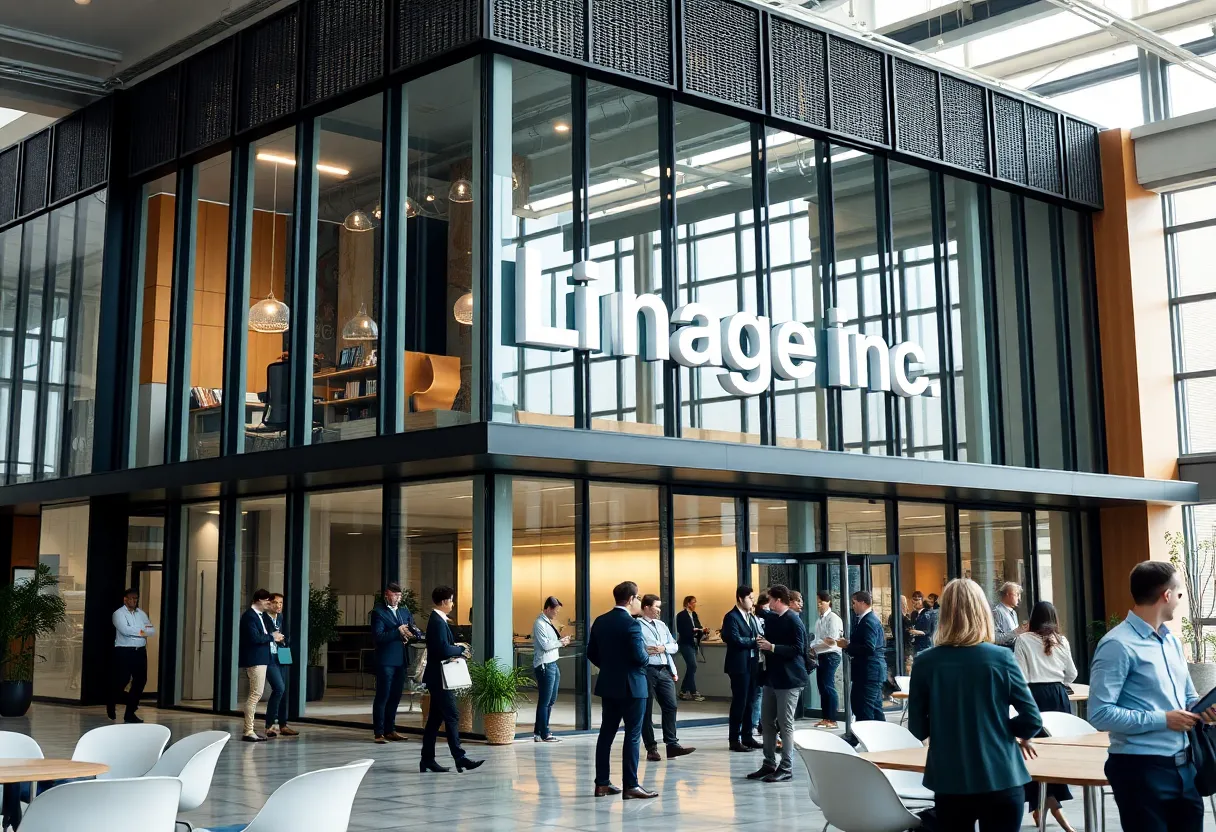 Exterior view of Lineage Inc office building with professionals engaging in conversation.