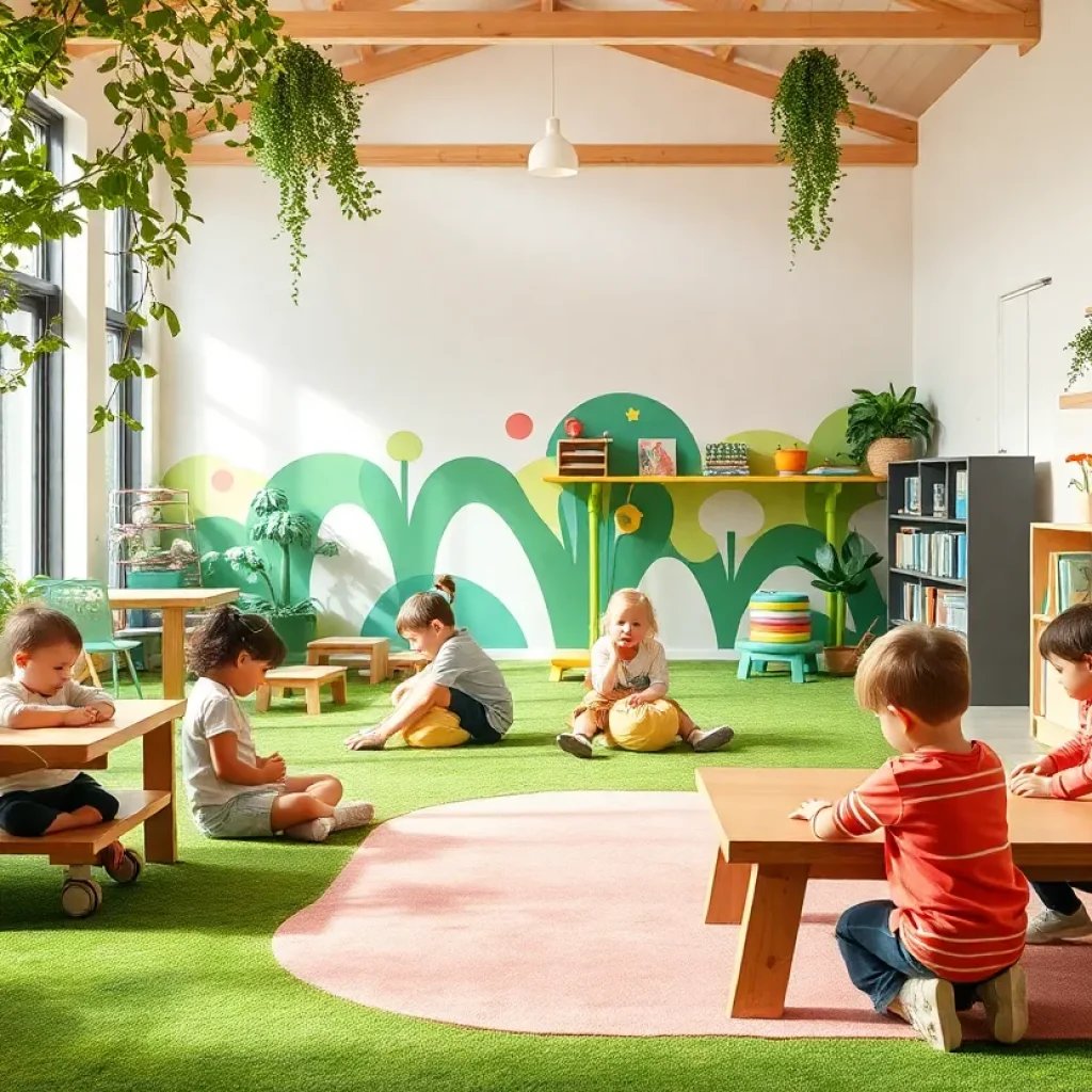 Children playing in a nature-themed childcare center