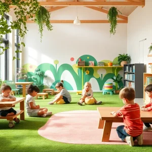 Children playing in a nature-themed childcare center