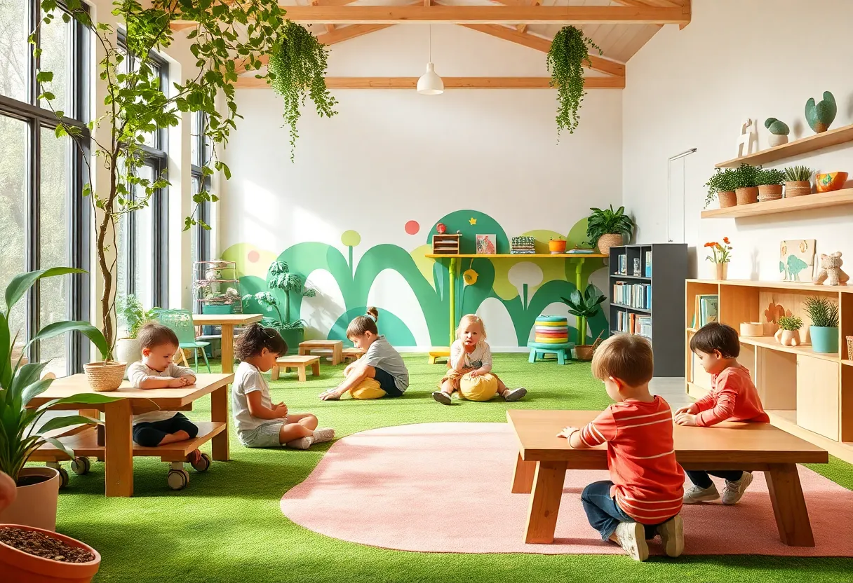 Children playing in a nature-themed childcare center