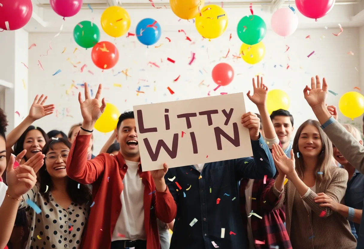A group celebrating a lottery win with balloons and confetti.