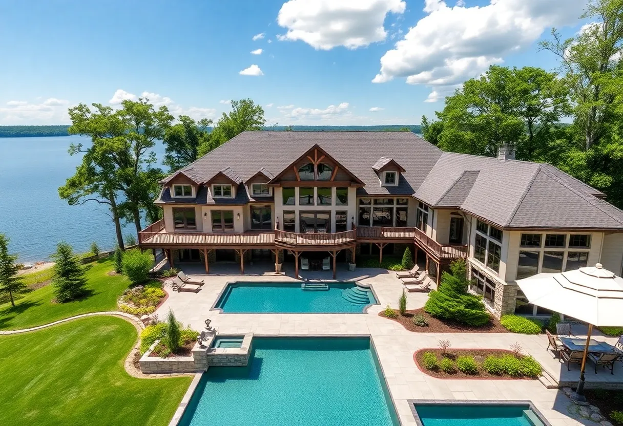 Exterior view of a luxury lakefront home in Michigan with lush landscaping.