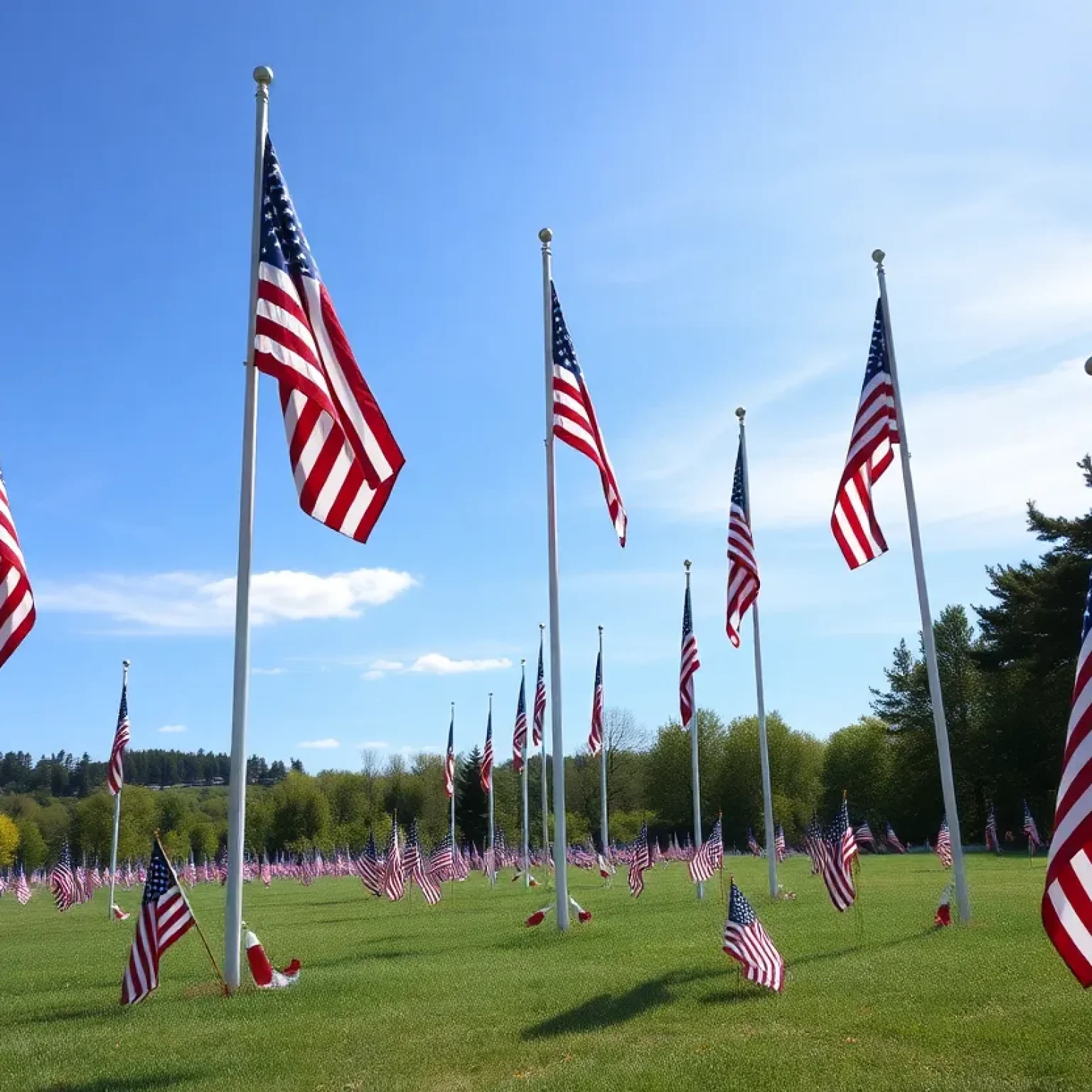 American flags at half-mast in a peaceful landscape