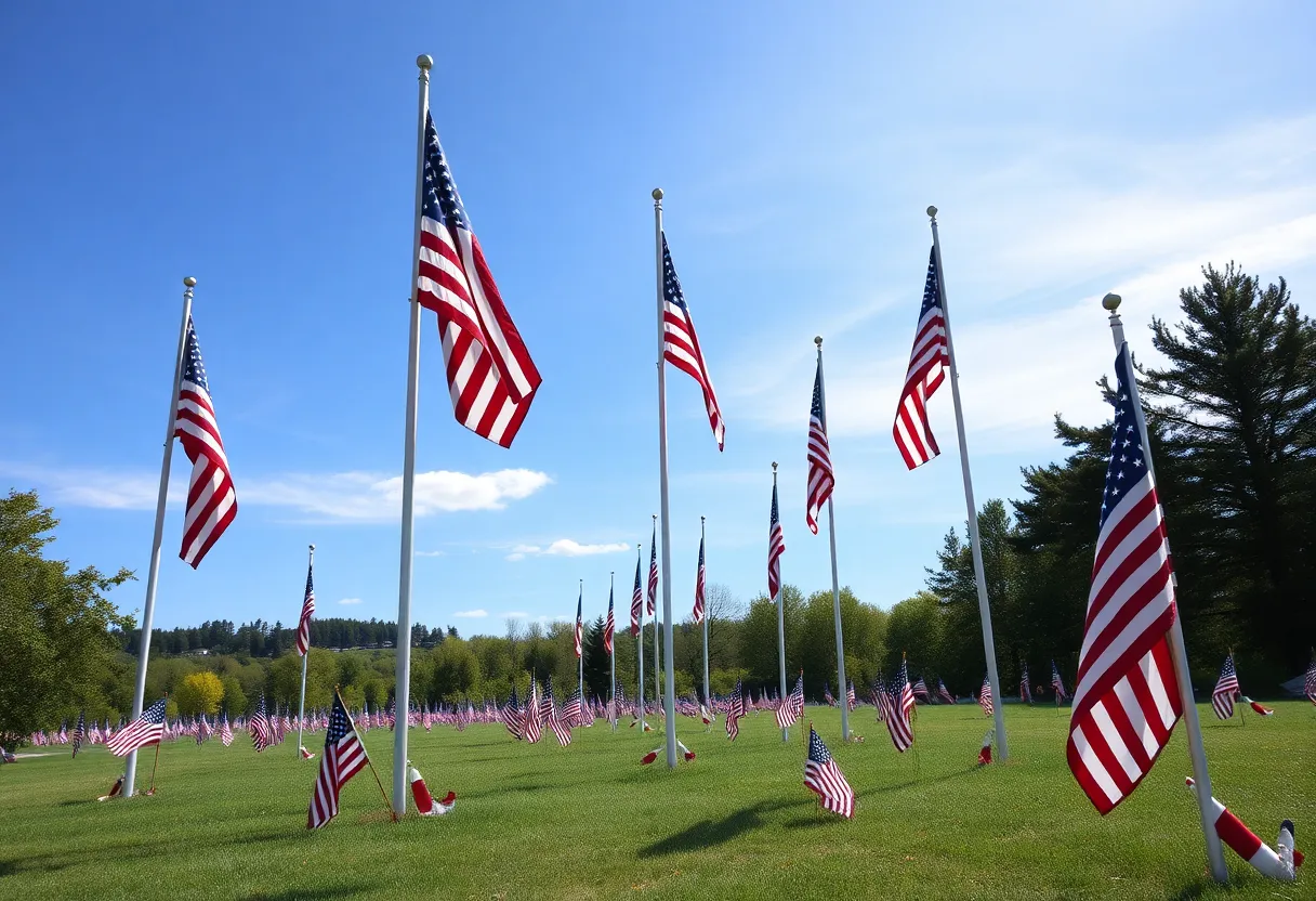 American flags at half-mast in a peaceful landscape