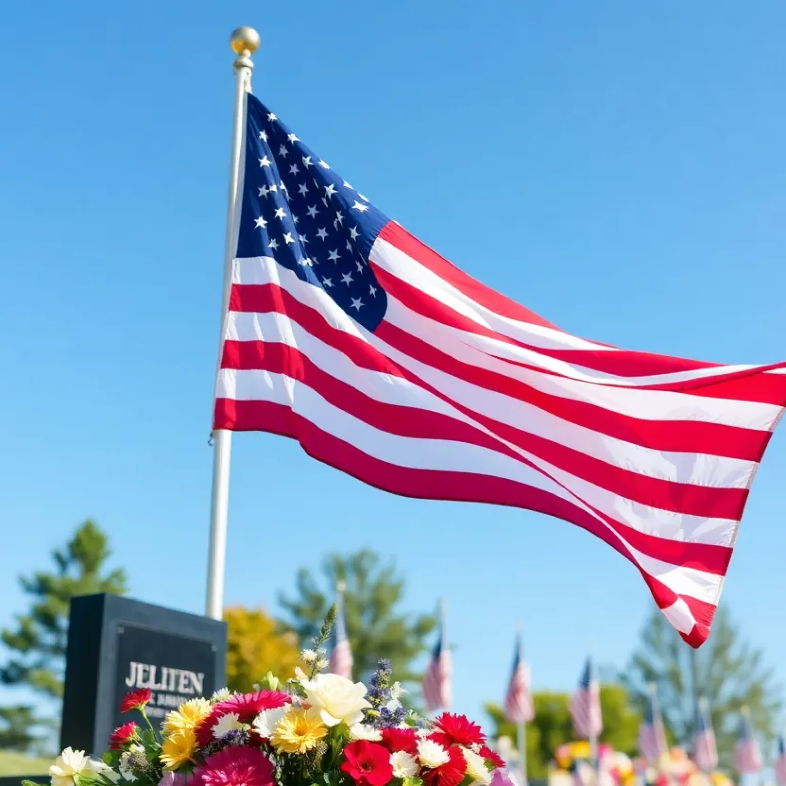 American flag with flowers in a memorial setting