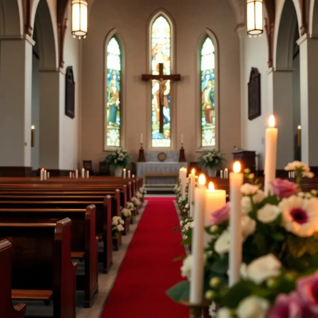 A calm church interior prepared for a memorial service with candles and flowers.