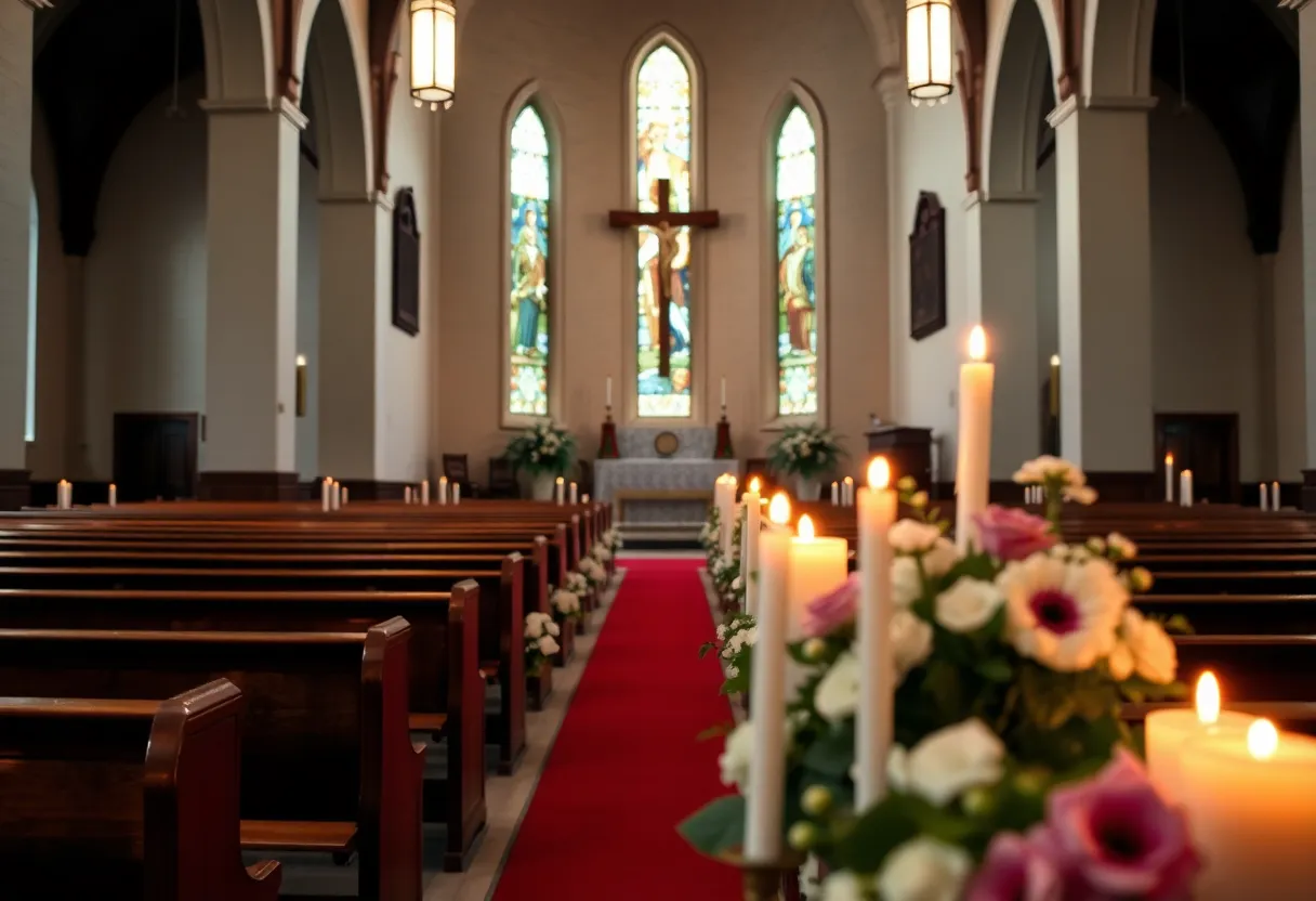 A calm church interior prepared for a memorial service with candles and flowers.