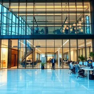 Rendering of the new Mercedes-Benz headquarters in Atlanta with employees in a collaborative workspace.