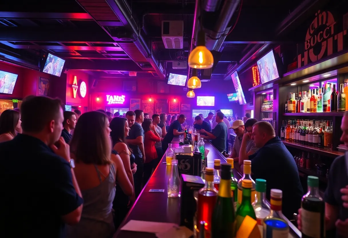 A busy Michigan bar with patrons enjoying drinks