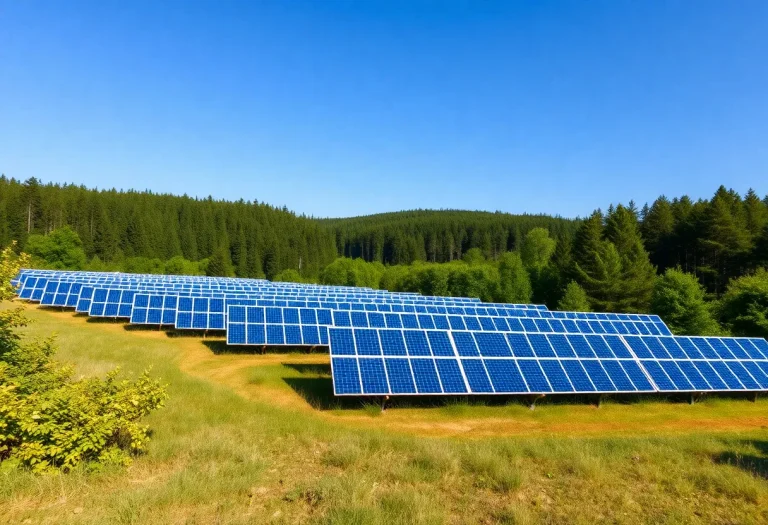 An expansive solar farm with green forest surrounding it.