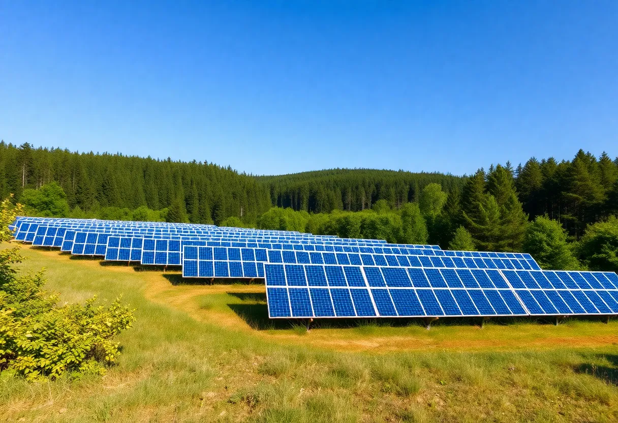 An expansive solar farm with green forest surrounding it.
