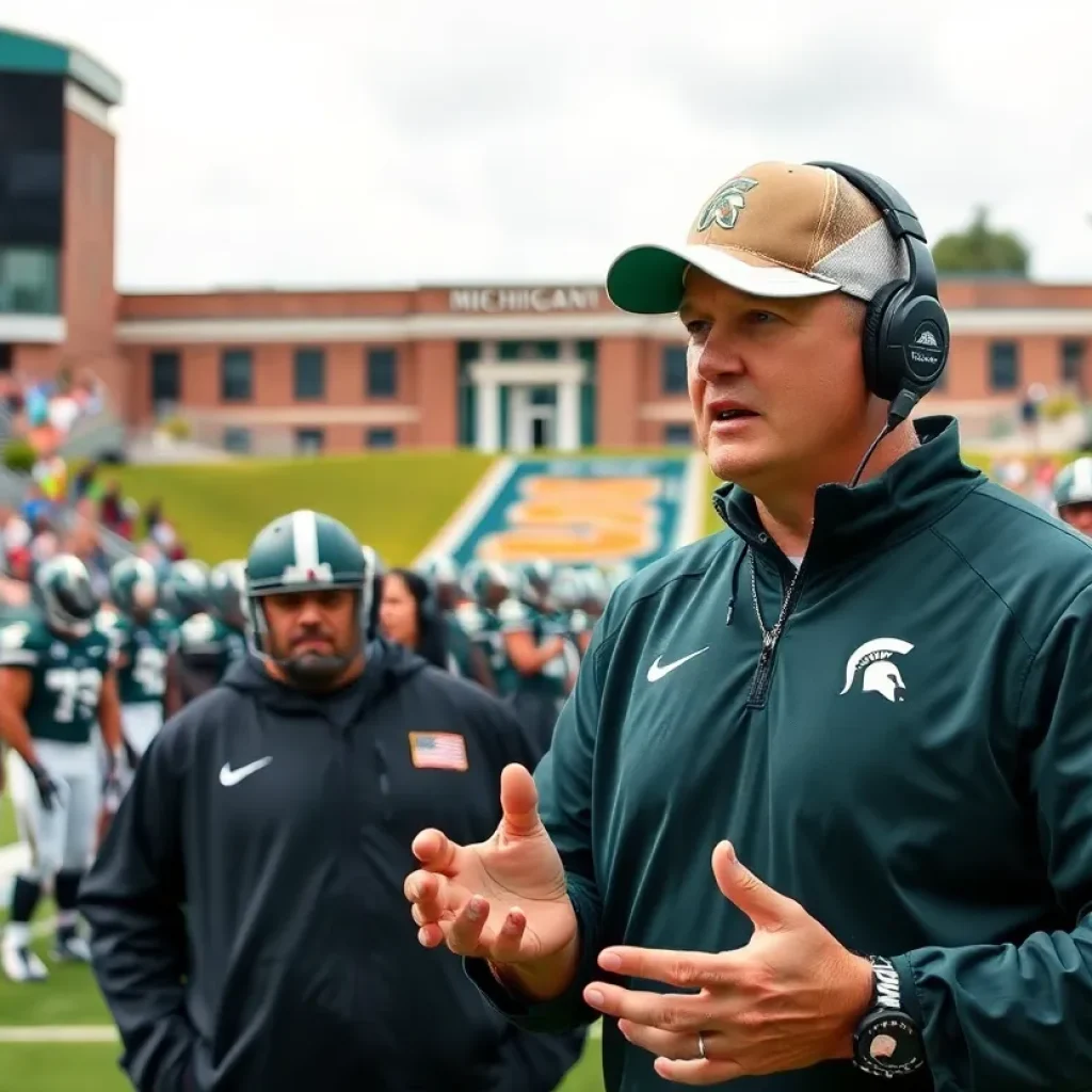 Michigan State football coach recruiting students at practice