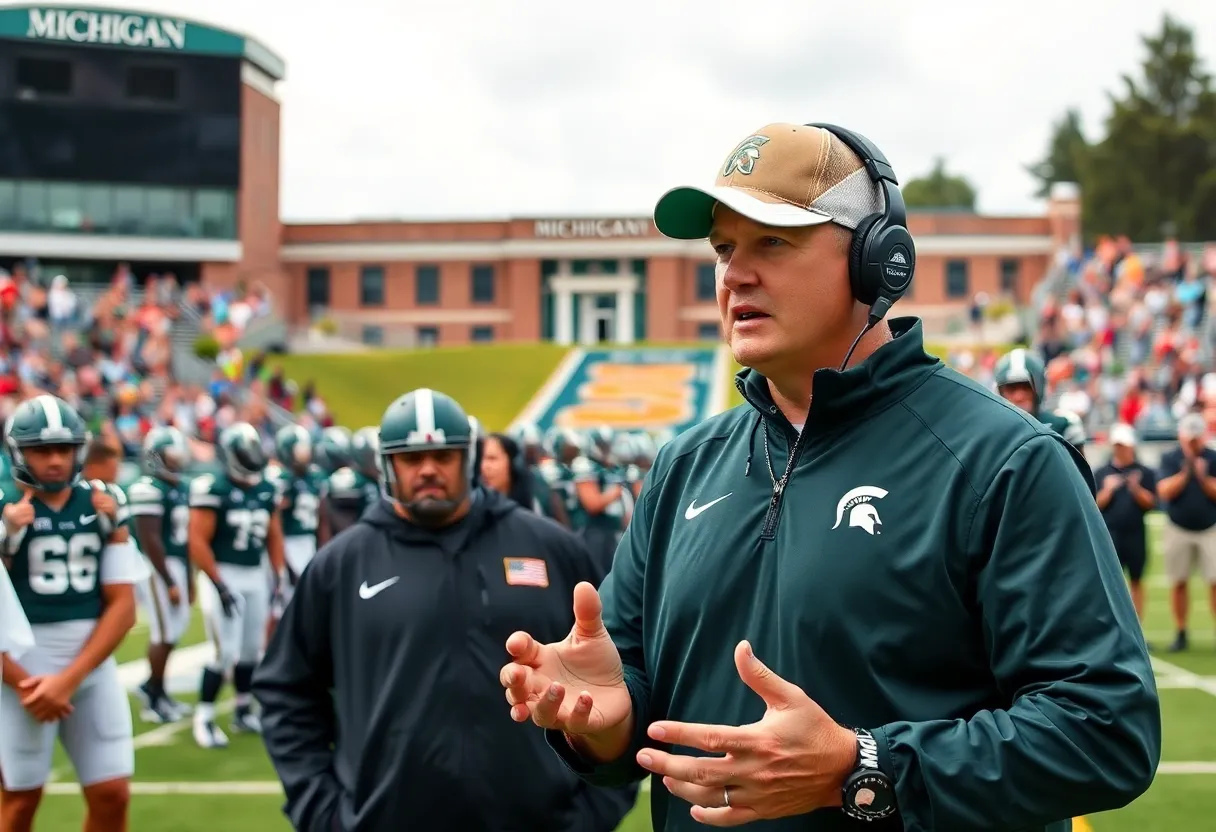 Michigan State football coach recruiting students at practice
