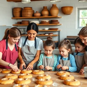 Women entrepreneurs working together in a bakery with children