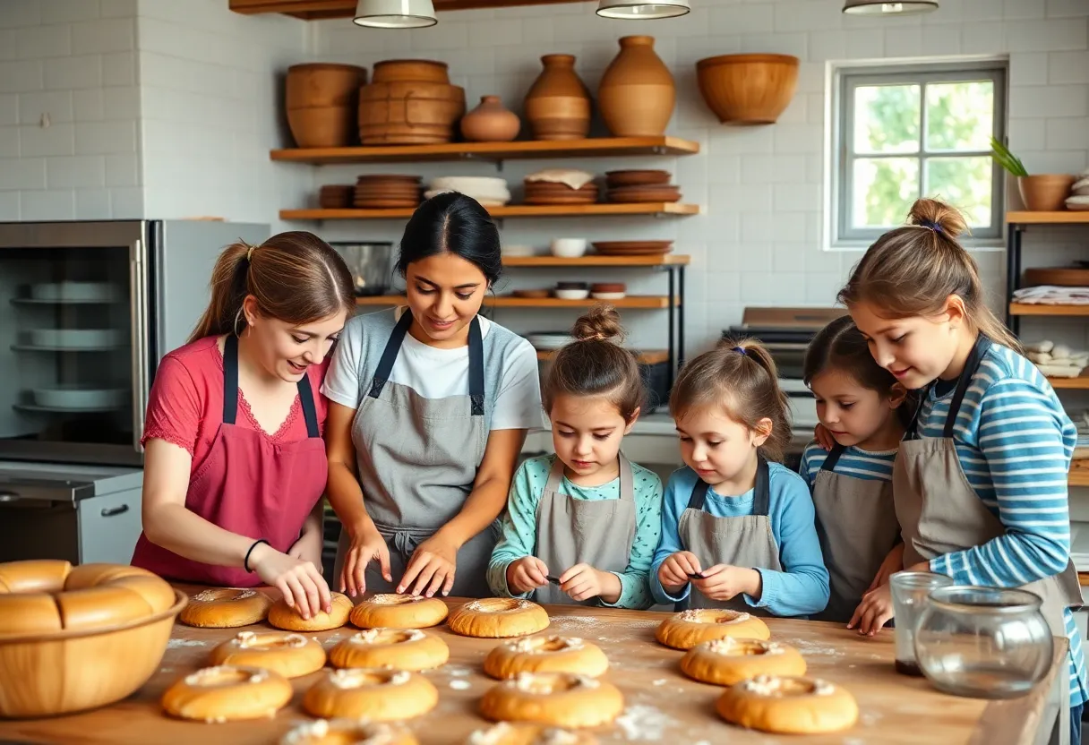 Women entrepreneurs working together in a bakery with children