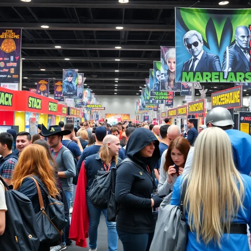 A lively comic convention scene with fans and vendors.