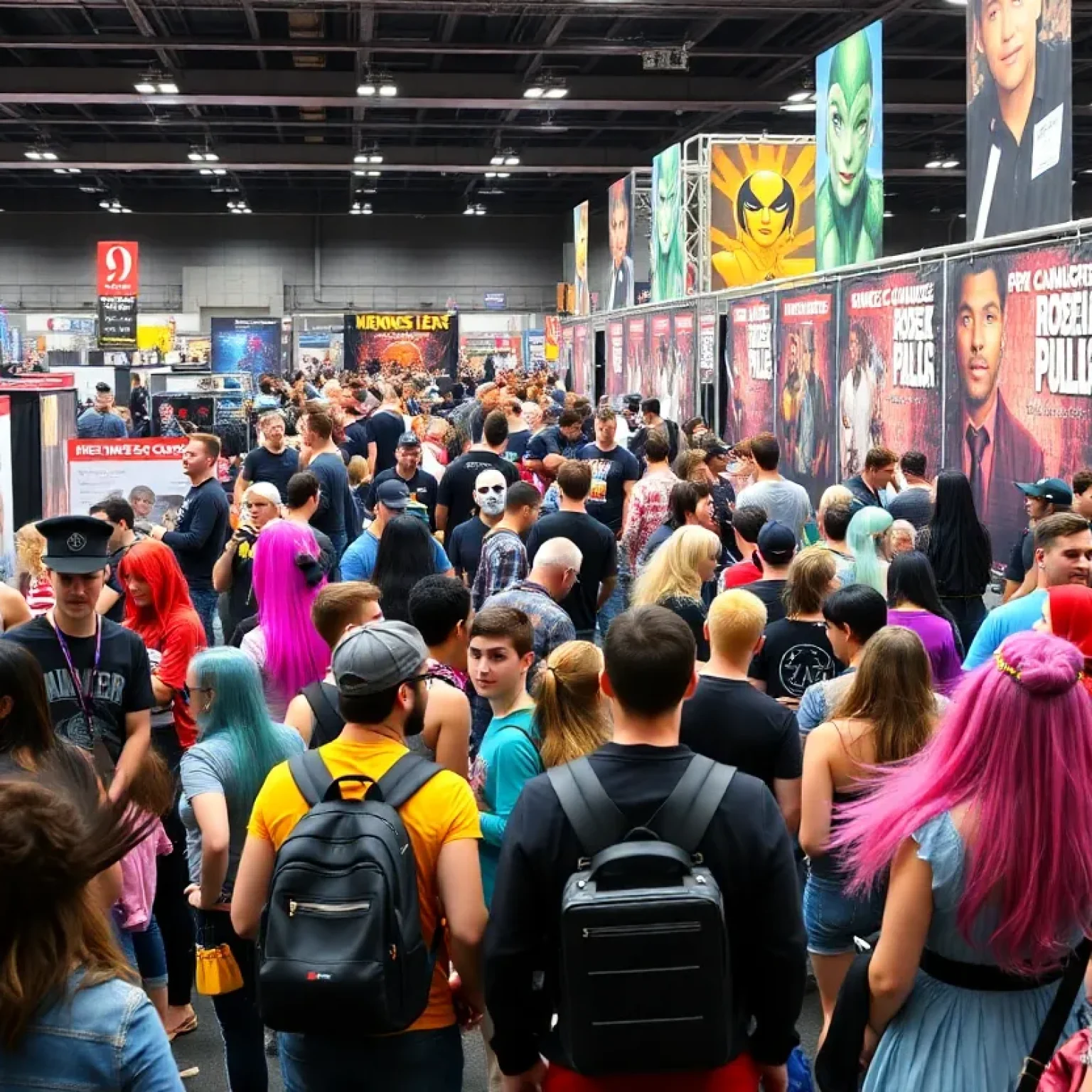 Crowd at Motor City Comic Con with colorful costumes and merchandise booths.