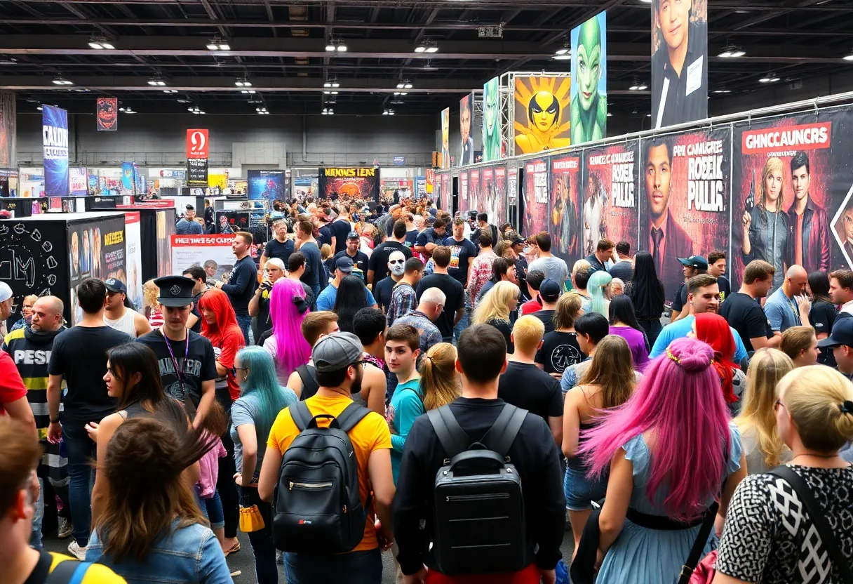 A lively comic convention scene with fans and vendors.