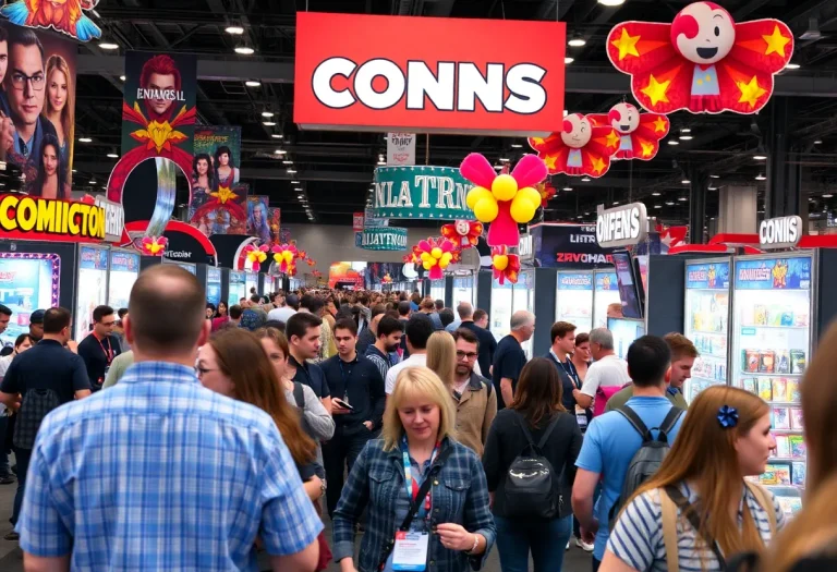 Fans enjoying the Motor City Comic Con atmosphere with celebrities and merchandise booths.