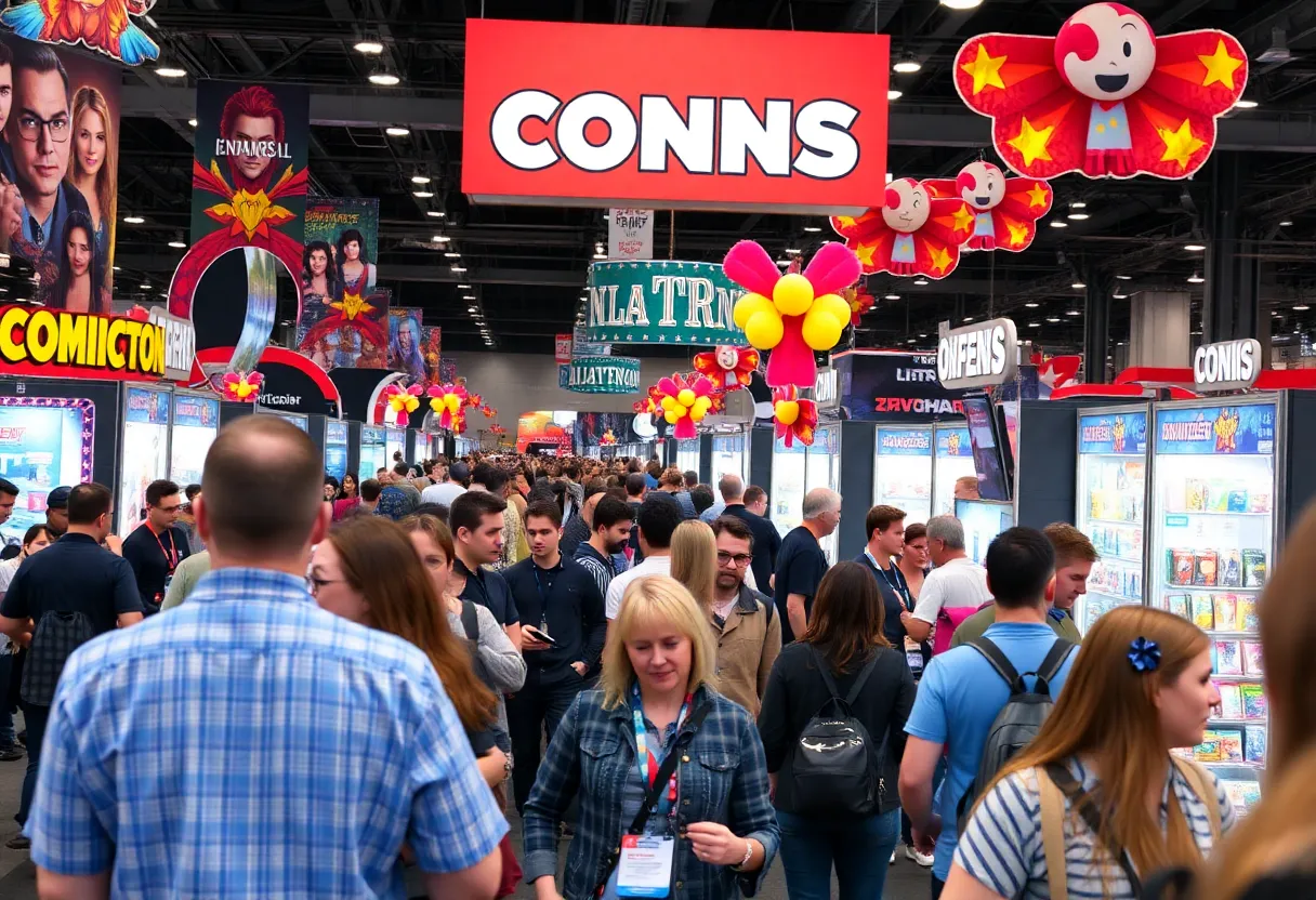 Fans enjoying the Motor City Comic Con atmosphere with celebrities and merchandise booths.