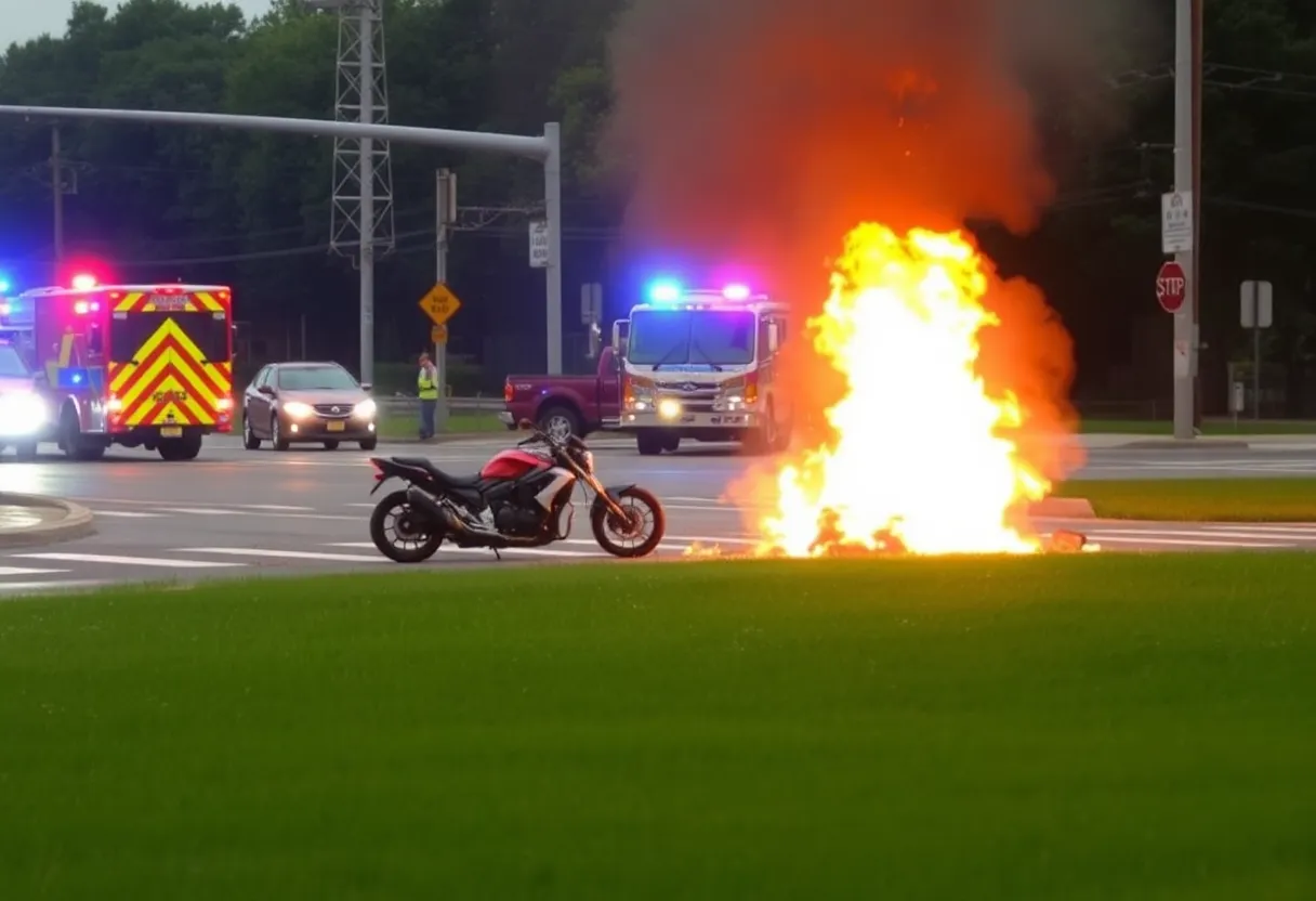 Scene of a motorcycle accident with flames and emergency responders