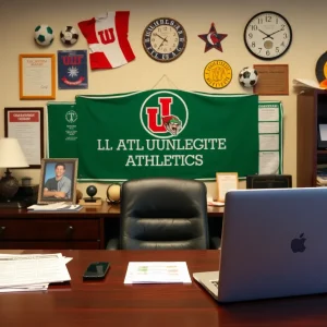 Interior of MSU athletic administration office with sports memorabilia and fundraising materials.