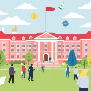 Illustration of Michigan State University campus representing budget cuts and financial challenges.