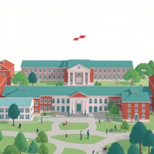 Illustration of Michigan State University campus focusing on financial review.