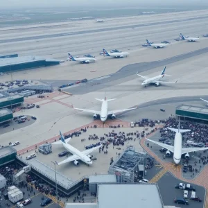 Aerial view of Newark Liberty International Airport highlighting flight delays.