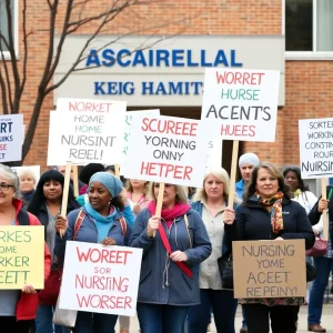 Workers protesting in front of a nursing home for better wages and conditions.