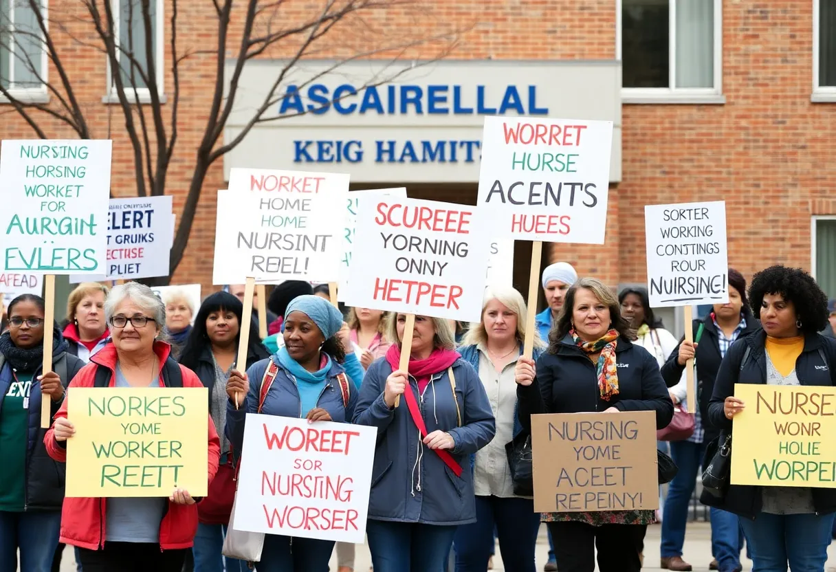Workers protesting in front of a nursing home for better wages and conditions.