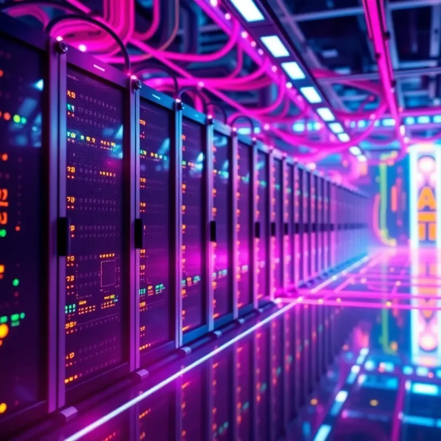 Visual representation of NVIDIA's AI technology with servers and supercomputers.